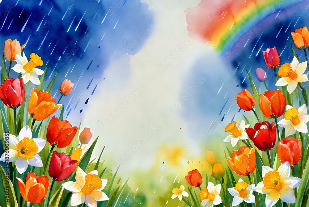 Obraz premium Spring Rain Bloom: Watercolor Tulips and Daffodils with Rainbow Sky