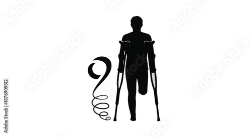 Empowering vector silhouette of an individual with an amputated leg utilizing crutches, juxtaposed with a flowing, whisk-inspired spiral, symbolizing personal strength and adaptive mobility