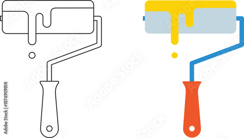 Paint roller icon set with dripping yellow paint in flat vector and line art