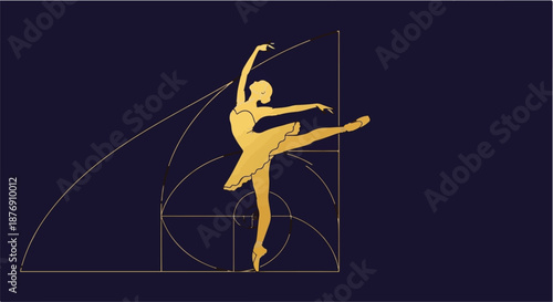 Golden silhouette of a graceful ballerina dancing, perfectly aligned with the elegant golden spiral, symbolizing artistic harmony, timeless beauty, and precision