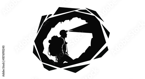 Striking black and white illustration of a solo cave explorer, headlamp beam cutting through darkness, backpack on, venturing into a rugged, mysterious cavern. Symbolizes discovery and adventure