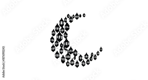 Elegant graphic illustration of a crescent moon formed by luminous lanterns, embodying cultural festivity, serene nights, and spiritual reflection