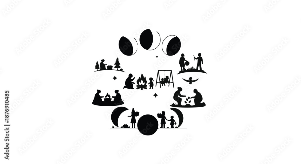 Fototapeta premium Circular graphic merging moon phases with silhouette scenes of family life, outdoor activities, and daily routines, symbolizing life's continuous cycles and natural progression