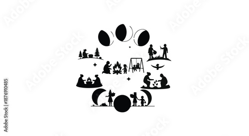 Circular graphic merging moon phases with silhouette scenes of family life, outdoor activities, and daily routines, symbolizing life's continuous cycles and natural progression