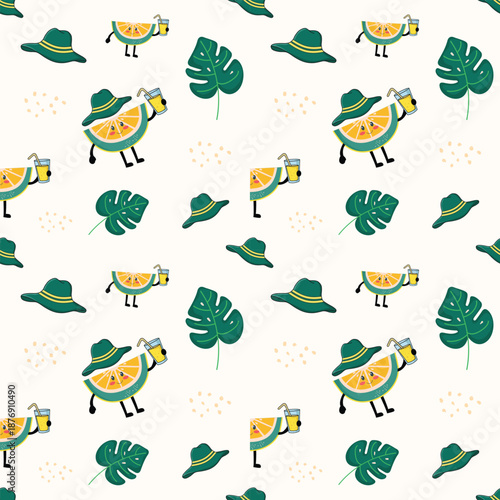 Orange seamless pattern with funny fruit character background