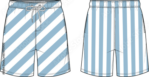 Striped swim shorts technical fashion flat sketch with front and back views, drawstring waistband beachwear template for men swimwear design and summer apparel.