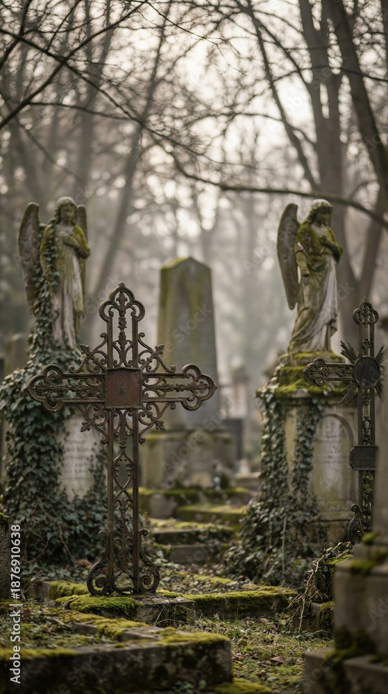 Fototapeta premium Old graveyard with ornate iron cross and weathered angel statues on a foggy day. Somber atmosphere for remembrance, grief, memorial, and funeral concept.
