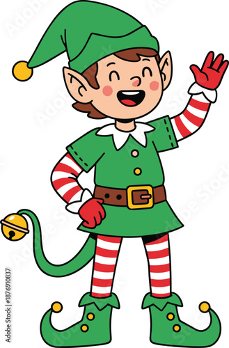 Cute Christmas elf cartoon character waving, festive holiday helper illustration in green costume with striped stockings, Santa workshop mascot design for winter greeting.
