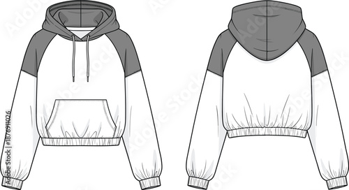 Cropped hoodie technical fashion flat sketch with front and back views, raglan sleeves, drawstring hood and kangaroo pocket outline template for streetwear apparel.