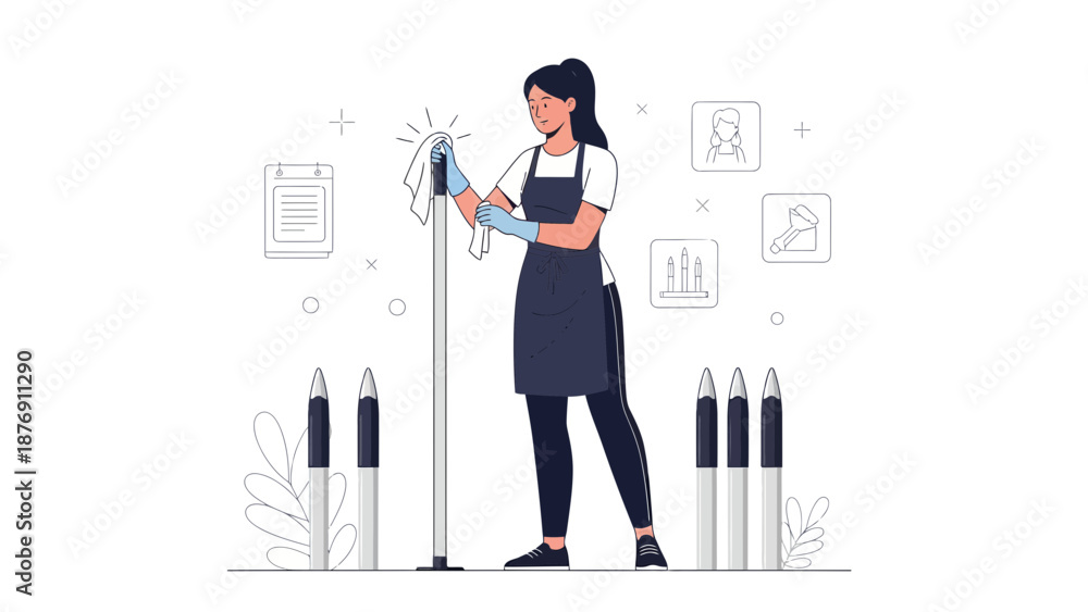 Obraz premium Young Woman Cleaning Service Routine On White Background Vector Illustration