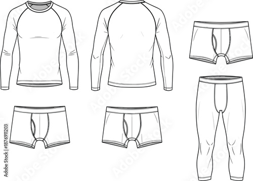 Men’s underwear and thermal set technical fashion flat sketch, long sleeve base layer top, boxer briefs and leggings outline templates for apparel production.