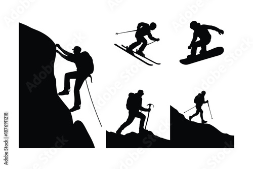 Outdoor adventure sports silhouettes set climbing skiing hiking