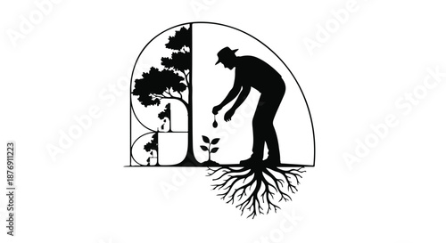 Gardener nurturing a seedling within a golden ratio spiral, symbolizing growth and nature's design.