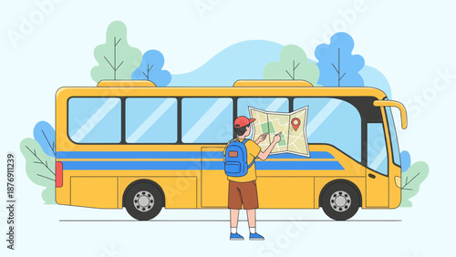 Young Traveler Planning The Route With Map Near The Touristic Bus