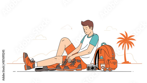 Young Traveler Resting Preparing For An Adventure In A Tropical Destination