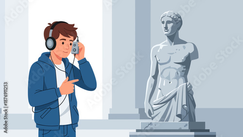 Young Man Engaged in Artistic Appreciation During a Museum Visit With Headphones