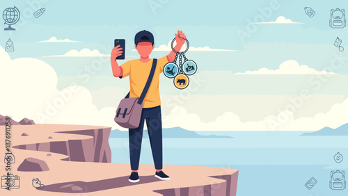 Young Traveler With Adventure Souvenirs Taking Photo On Scenic Coastline Cliff