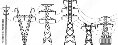 Electric power transmission line illustration with high voltage towers, utility poles, cables and substation transformer, black and white energy infrastructure outline drawing.