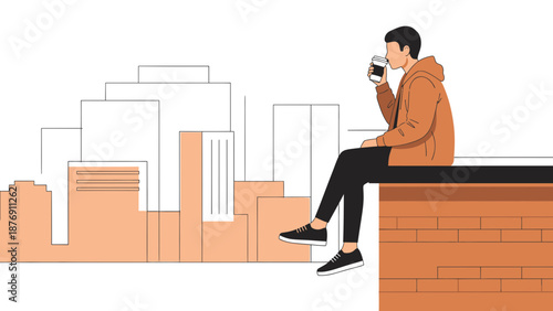 Young Man Enjoying Coffee While Contemplating The Urban Landscape In Minimalist Style
