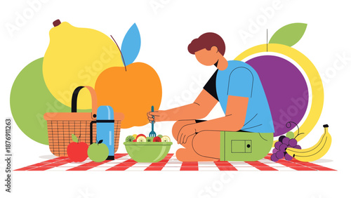 Young Man Enjoying Healthy Salad At Outdoor Picnic With Fresh Fruits