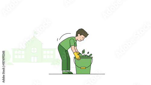 Young Volunteer Picking Up Trash Near School Building In Illustration Style