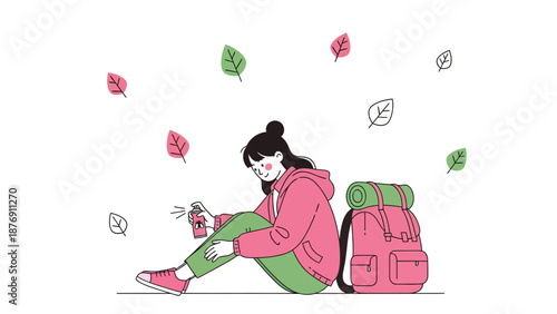 Young Woman Applies Insect Repellent While Hiking In Nature During Autumn Season