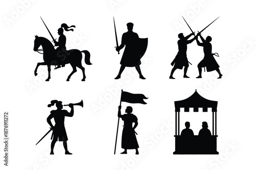 Medieval knights and warriors silhouettes set with castle theme