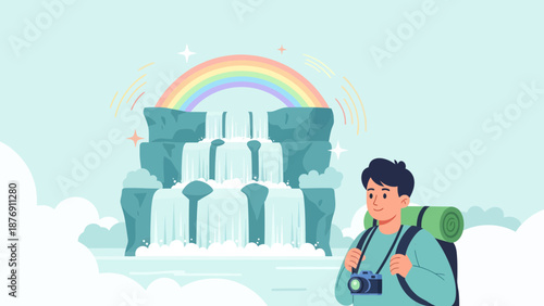 Young Man Hiking Near Waterfall With Rainbow And Landscape Background