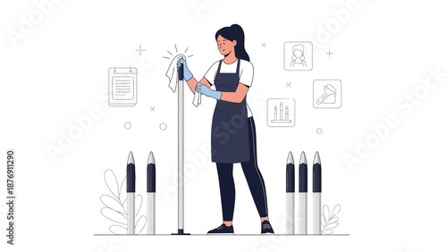 Young Woman Cleaning Service Routine On White Background Vector Illustration