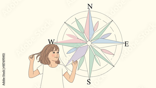 Young Woman Exploring With A Compass Rose, Adventure And Discovery Concept