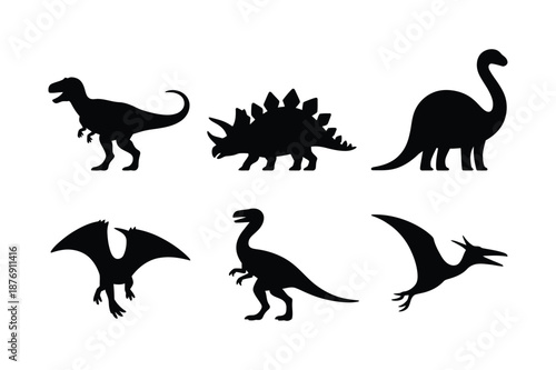 Prehistoric dinosaur silhouettes including T-Rex and Pterodactyl