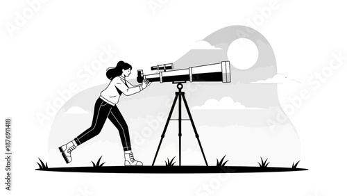 Young Woman Gazing Through Telescope Outdoors In Search Of New Horizons