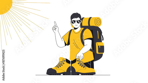 Young Man Ready For Hiking Adventures with Backpack And Hiking Boots