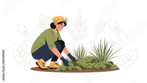 Young Woman Gardening Outside Plants Flower Bed Gardening Hobby Landscaping