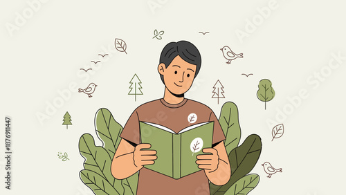 Young Man Reading Nature Book Outdoors Enjoying Eco Friendly Lifestyle