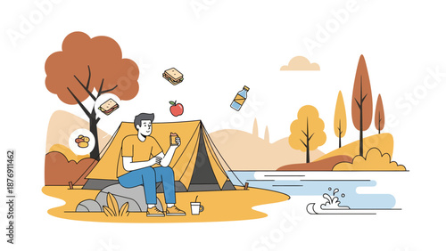 Young Man Relaxing By The Tent Enjoying Summer Campsite And Healthy Food Meal