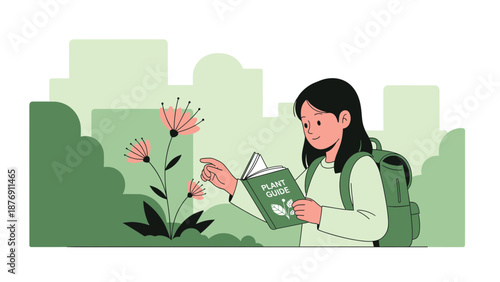 Young Woman Identifying Wildflowers With Plant Guide In City Park