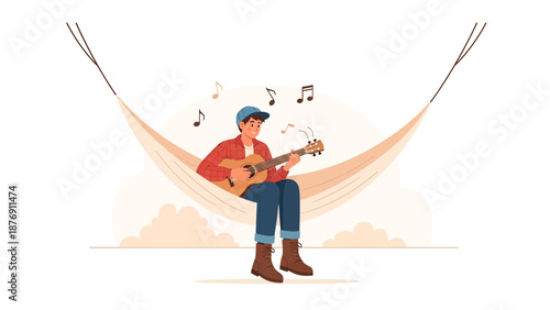 Young Man Relaxing In Hammock Playing Acoustic Guitar Surrounded By Musical Notes