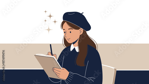 Young Woman In Beret Engaged In Creative Writing Or Artistic Sketching Concept