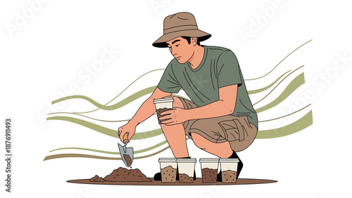 Young Man Sowing Seeds Into Soil Cups Cultivating Future Plants With Trowel