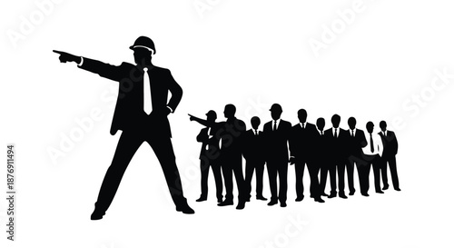 Leader guiding a team forward with decisive gesture and confident stance.