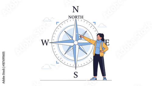 Young Woman Standing Near Large Compass Rose Navigating The Directions