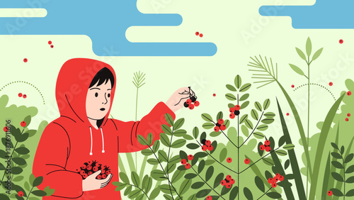 Young Person Picking Berries In Nature Cartoon Illustration With Relaxing Atmosphere