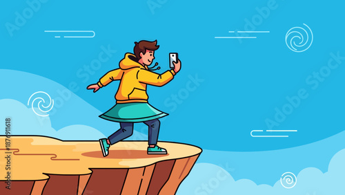 Young Woman Taking A Picture Atop Cliff With Mobile Device Cartoon
