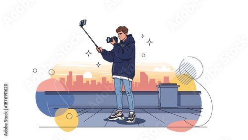 Young Photographer Capturing Cityscape With Camera And Phone For Social Media Post