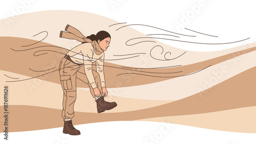 Young Woman Tying Her Boots in a Windy Landscape Adventure Preparation