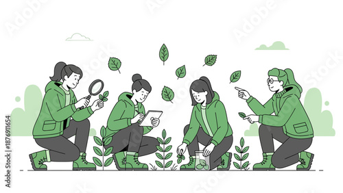 Young Researchers Analyzing Plant Life In An Environmental Study Illustration
