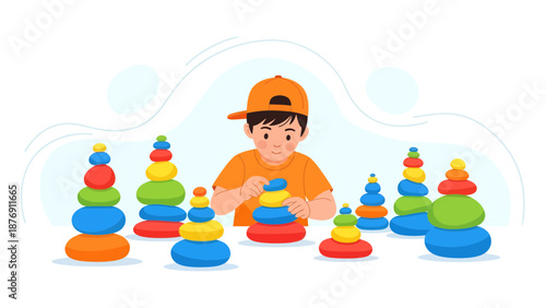 Youngster's Ingenuity Boy Puts Together Colorful Toy Towers Enhancing His Developmental Skills