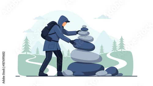 Zen Stone Balancing During Hiking Trip Harmony And Tranquility Outdoor Pursuit