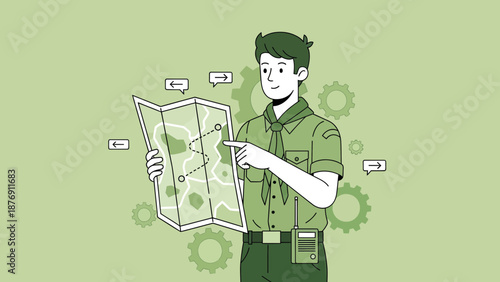 Young Scout Planning Adventure Trip With Vintage Map And Gear On A Green Background
